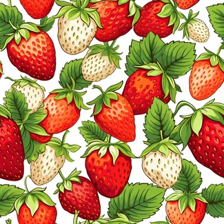 A seamless pattern featuring fresh strawberries with vibrant green leaves on a white background.