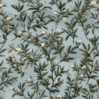 Delicate leaves and branches in shades of silver and aquamarine on a seamless blue background