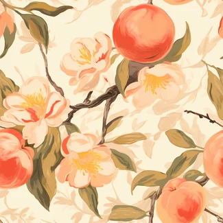 A seamless pattern featuring red peaches and leaves on a beige background.