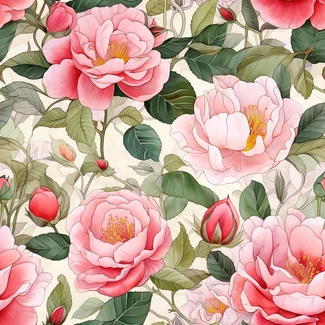 A seamless watercolor pattern of delicate pink roses on a light beige background.