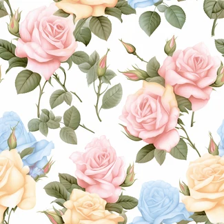 A seamless pattern featuring delicate pink, yellow, and blue roses with realistic detailing on a white background, inspired by porcelain and nature-based patterns.