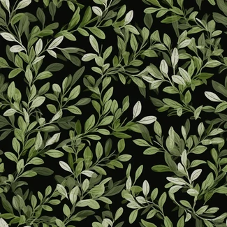 A seamless pattern featuring delicate green leaves and twisted branches on a black background.