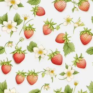 A seamless pattern featuring strawberries, blossoms, and leaves in pastel colors on a white background.