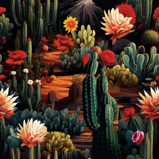 Hyperrealistic cactus landscape pattern on a black background