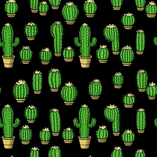 A seamless pattern of green cactus plants on a black background, styled with flat shading and repetition.
