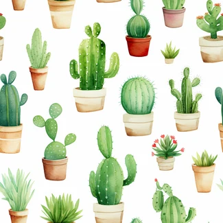 A watercolor pattern featuring various types of cacti and succulents in pots, set against a soft white background.