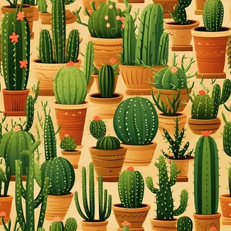 A seamless pattern of cactus plants and pots on a beige background.