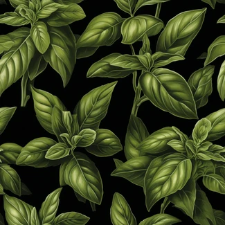 A seamless pattern of detailed basil leaves on a black background.