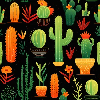 A seamless pattern of cacti and succulents on a black background.