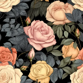 Black background with hand-drawn roses in pastel shades of pink and peach, with detailed foliage