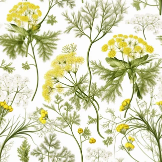 Golden Botanic Medley pattern featuring dill, parsley, and dandelion herbs with a yellow flower on a light white background.
