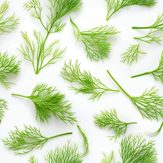 A repeating pattern of dill leaves on a white background with a nature-inspired organic design.