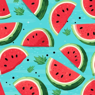 A seamless watermelon pattern with slices of juicy watermelon with leaves on a sky-blue background.