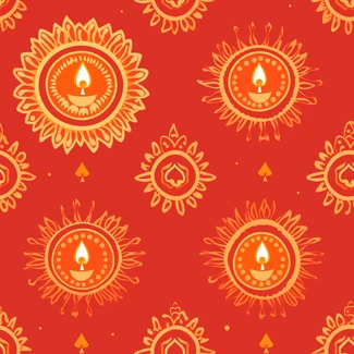 A vibrant Diwali pattern with a central candle surrounded by colorful flowers in shades of bright orange and yellow.