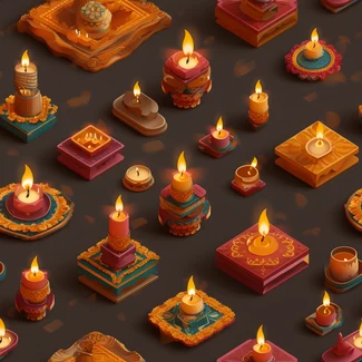 A set of Diwali candles and tea lights in wooden boxes with layered texture and polychrome terracotta, inspired by Indian traditions and designed by Elba Damast.