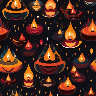 A seamless pattern of Diwali flames on a black background with bright orange and indigo colors.