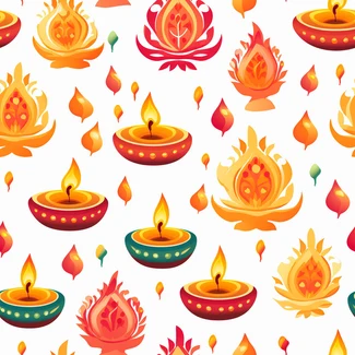 A colorful seamless pattern with Diwali diya and leaves, featuring vibrant flickering lights and cultural symbolism.