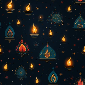 Colorful lamps and candlesticks in a whimsical cartoonish style on a dark background, reminiscent of traditional Indian traditions and religious iconography.