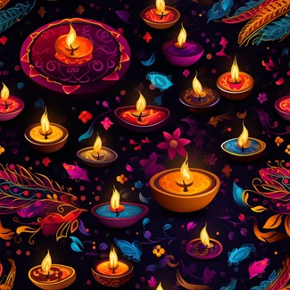 A colorful pattern of Diwali lamps and decorative flowers in vibrant shades.