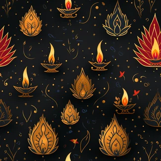 A seamless pattern featuring gold tea lights arranged in a beautiful floral design on a dark background.