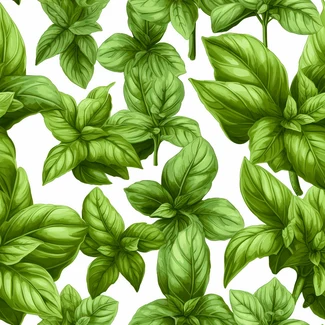 A seamless pattern of fresh green basil leaves arranged in a botanical illustration style.