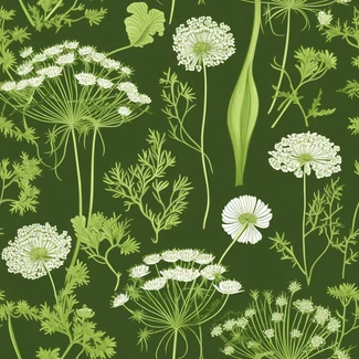 A seamless botanical pattern with fresh herbs on a green background.