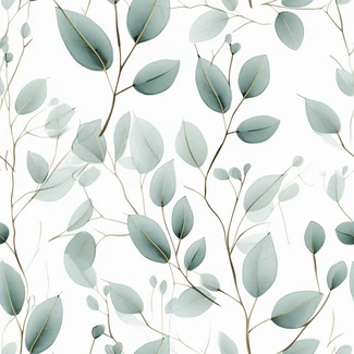 A seamless pattern featuring delicate blue-green eucalyptus leaves on a white background with hints of light gold and light gray.
