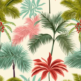 Vintage palm trees seamless pattern featuring botanical illustration of leaves and branches in shades of light colors.