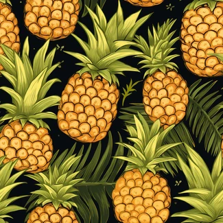 A seamless pattern featuring detailed pineapples and leaves on a dark background