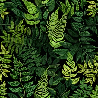 An intricate botanical pattern featuring green fern leaves on a black background.