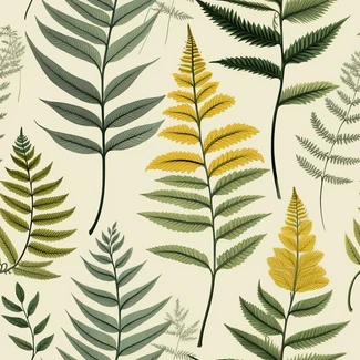 A seamless pattern of fern leaves in light yellow and dark green colors, featuring scientific illustrations rendered in a flat style.