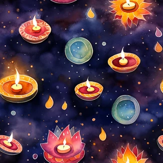 A colorful Diwali pattern featuring candlelights, dichi lamps, and rangolis set against a dark background.