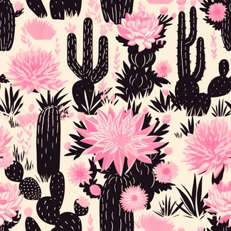 A seamless pattern featuring various pink cactus plants in a monochrome desert landscape.