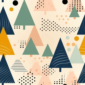 A modern and dynamic Christmas pattern featuring pine trees, polka dots, and a soft earthy color palette.