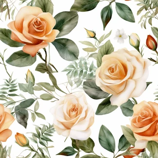 Floral watercolor pattern with orange roses and leaves on a white background