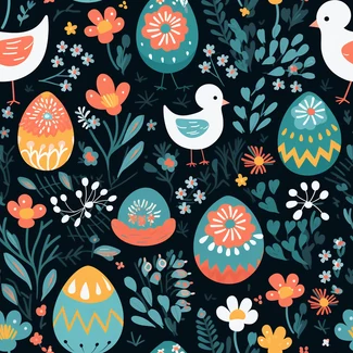 A colorful and playful Easter pattern featuring birds, eggs, and flowers in a naive and whimsical style.