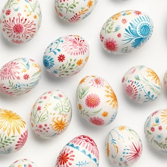 Colorful porcelain Easter eggs with intricate floral designs on a white background.