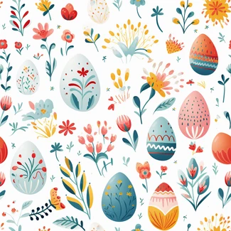 Colorful Easter eggs surrounded by whimsical flowers and nature motifs
