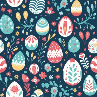 Easter Eggs and Flowers Pattern with whimsical floral scenes and cute cartoonish designs in light red, light blue, teal, navy, and yellow set against a dark background.
