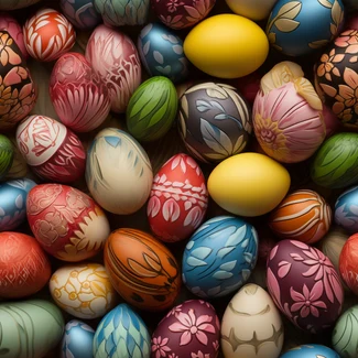 A colorful and intricate pattern of Easter eggs arranged in various styles.