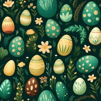 A seamless pattern of colorful Easter eggs, flowers, grass, trees, and leaves on a dark green background.