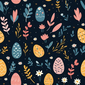 An Easter egg pattern featuring botanical foliage and flowers in navy and amber with pops of pink and yellow.