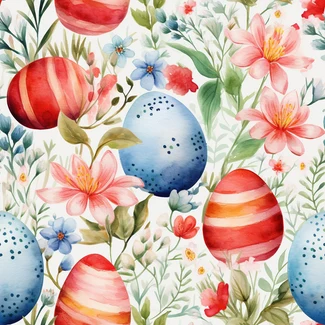 A seamless watercolor Easter pattern featuring colorful eggs and flowers on a white background.