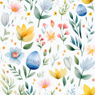 A watercolor Easter pattern featuring floral accents, playful cartoonish motifs, and pastel colors