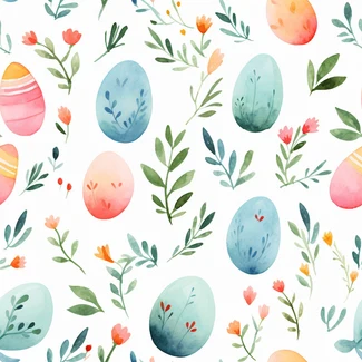 A seamless watercolor pattern with Easter eggs and foliage motifs in pastel and bright pink colors.
