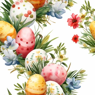 Colorful Easter watercolor pattern with eggs and flowers