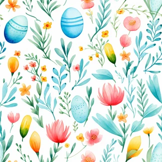 Watercolor Easter pattern with flowers and eggs in bright and cheerful colors.