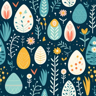 An Easter-themed whimsical floral pattern with cartoonish illustrations of eggs, flowers, plants, and leaves in a palette of dark sky-blue and light yellow, with beautiful floral scenes and detailed foliage inspired by Norwegian nature.