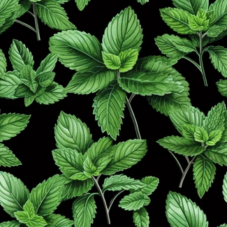 Botanical illustration of mint leaves on a black background