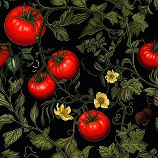 A seamless pattern of photorealistic tomato illustrations on a black background